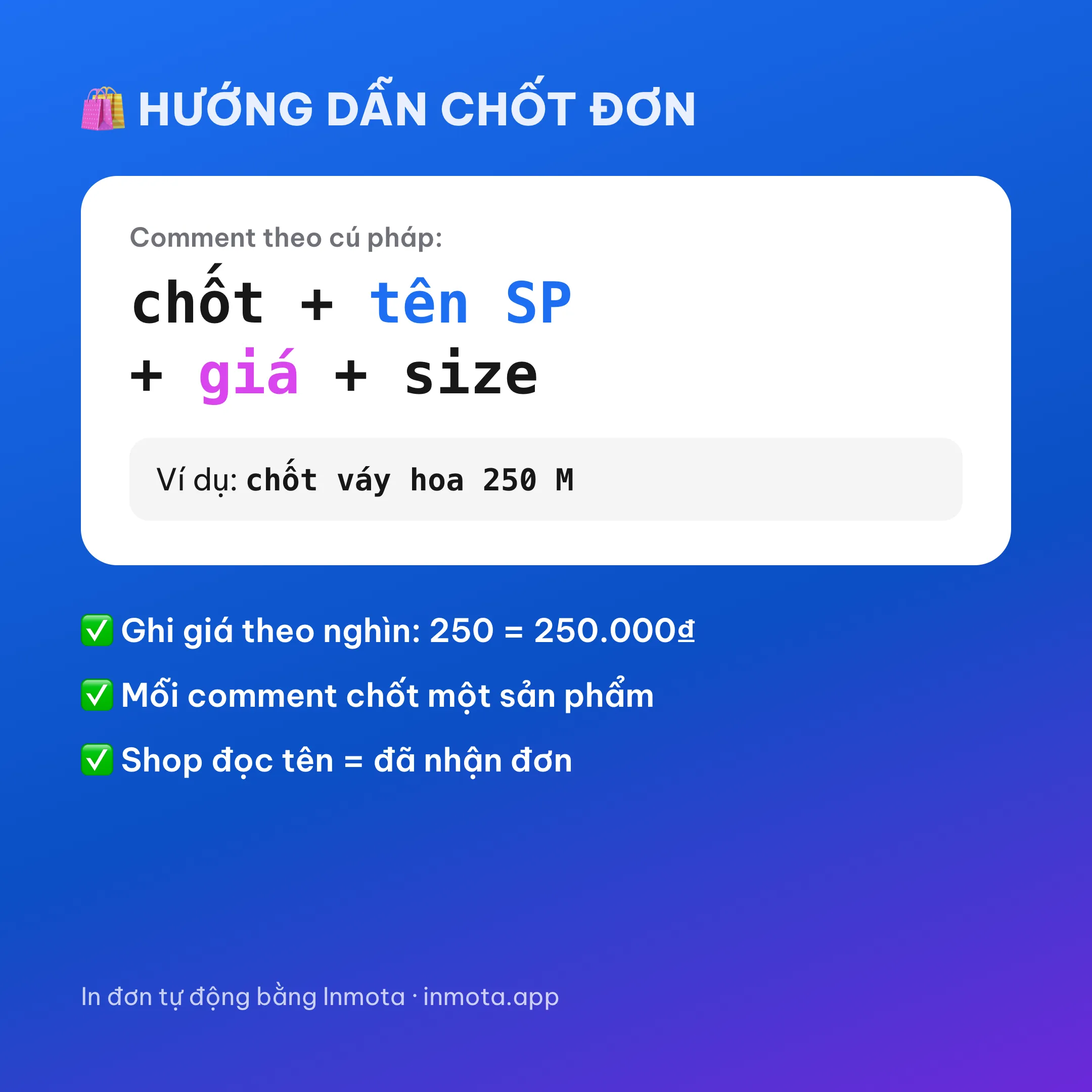 Mẫu bảng hướng dẫn cú pháp chốt đơn TikTok Live: chốt + tên SP + giá + size, ví dụ chốt váy hoa 250 M
